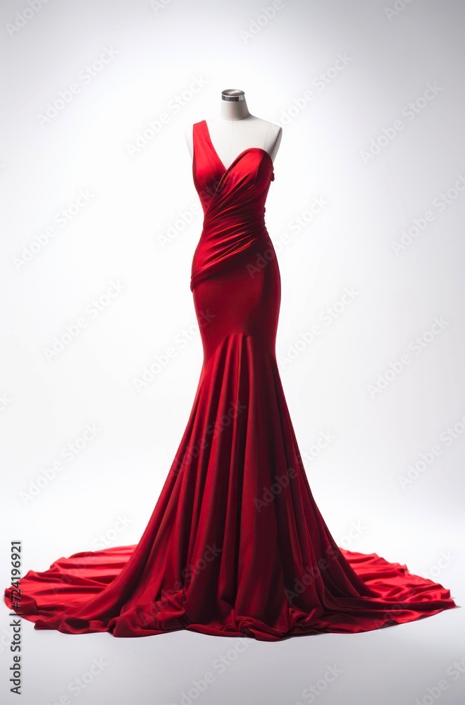 Long evening red female dress on a mannequin on white background. Long evening red female dress on a mannequin on white background.