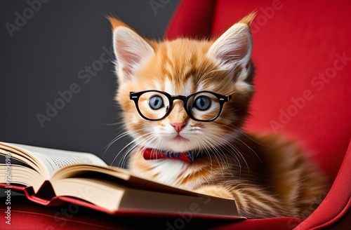 red cat with glasses sits on a soft chair reading a book