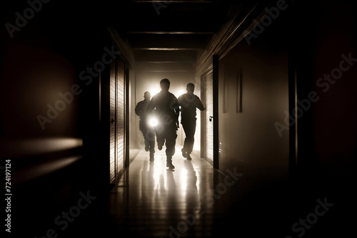 Three silhouettes of men in military uniforms with flashlight in hand running towards each other down dark corridor, with copy space