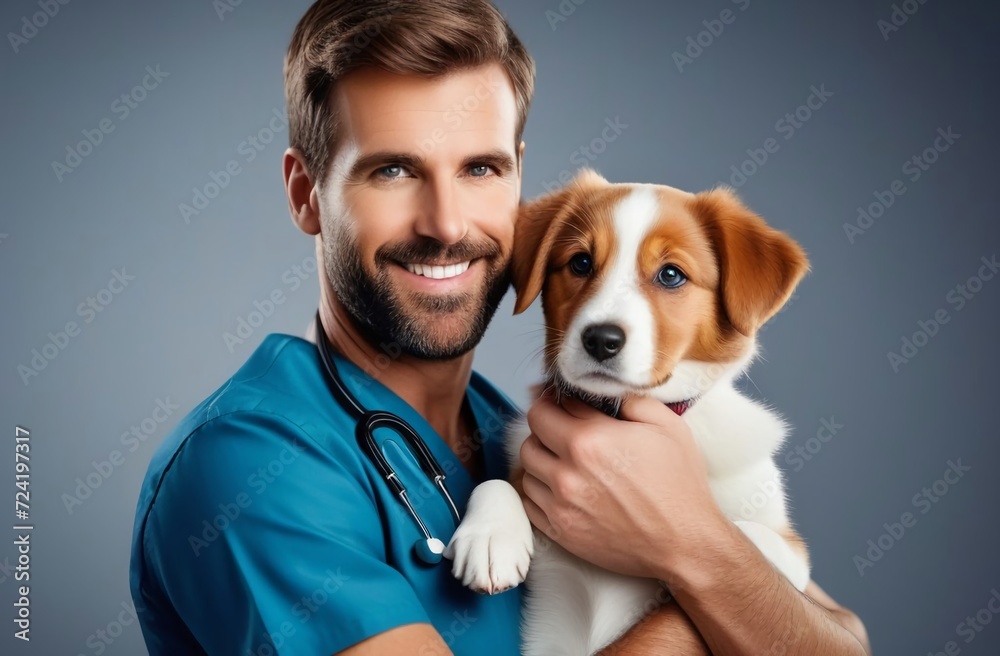 veterinarian holding a dog in his arms, plain light background, view from afar
