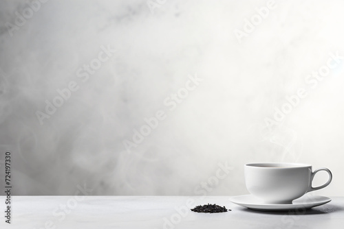 A single white cup and saucer sit on a table with a pile of loose tea leaves to the side  set against a soft grey textured background. tea  relaxation  or clean design aesthetics.