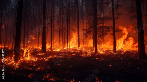Photograph of a large forest fire. Nature wildfire.