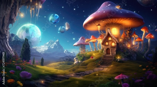 Fantasy landscape with mushroom houses and floating islands. Dreamy background. © Postproduction