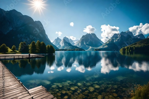 A picturesque scene of Grundlsee Lake, its calm waters mirroring the surrounding majestic mountains, under a clear, expansive sky. photo