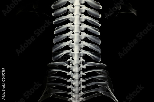 The X-ray image presents a human thoracic spine and rib cage in a monochromatic scheme, highlighting the bone structure. medical diagnostic purposes and anatomical education.