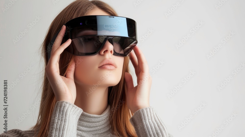Portrait of a young woman wearing virtual reality glasses on white background Portrait of a young woman wearing virtual reality glasses on white background