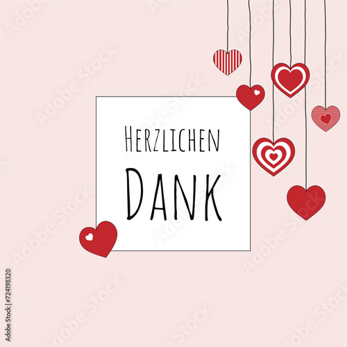 Herzlichen Dank - Schriftzug in deutscher Sprache. Quadratische Dankeskarte mit hängenden Herzen und rosafarbenem Rahmen.