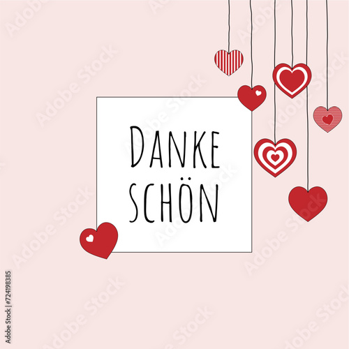 Dankeschön - Schriftzug in deutscher Sprache. Quadratische Grußkarte mit hängenden Herzen und rosafarbenem Rahmen.