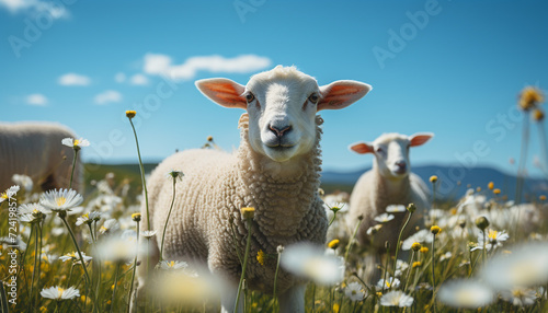 Cute lamb grazing in green meadow, surrounded by flock of sheep generated by AI photo