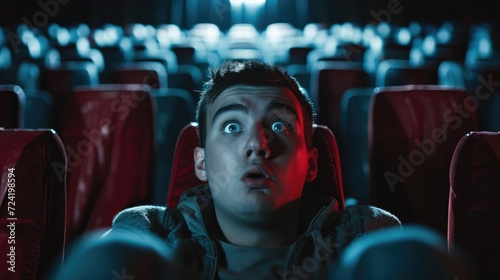 Young man watching horror movie in the cinema. Shocked expression.