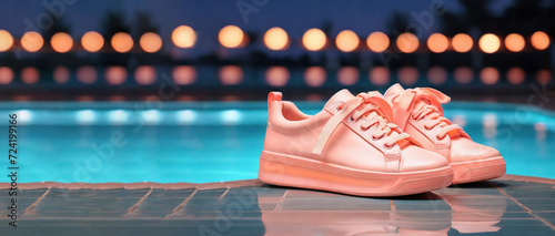 Peach-colored sneakers stand on the background of an outdoor pool © Jackie