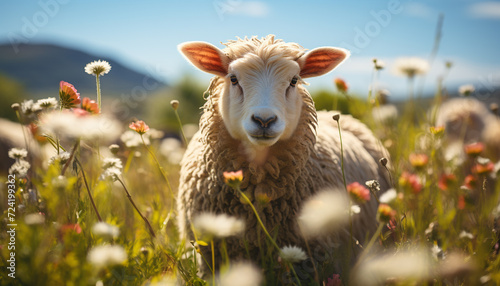 Cute lamb grazing in green meadow, looking at camera generated by AI