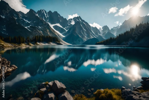 A spellbinding view of a mountain lake in the High Tatra, the dramatic and rugged landscape offering a stark contrast to the serene lake at its heart