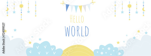 Сute vector banner for newborn with clouds and stars in yellow and blue colors 