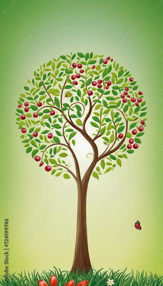 Fototapeta premium Illustration of a traditional Israeli Tu Bishvat tree with colorful flowers and leaves
