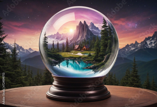 Enchanted crystal orb showcasing mystical landscape with mountains and trees.
