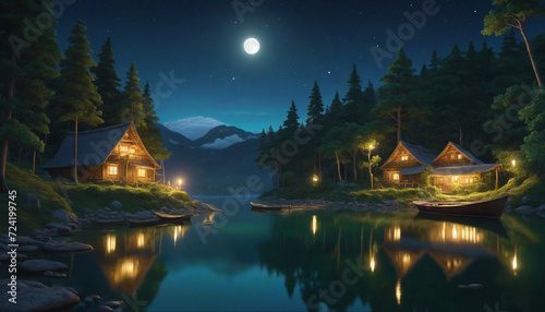 Mystical village nestled in the forest at night, mirrored in the tranquil river, with a boat gliding through the water, creating a dreamy and enchanting landscape 