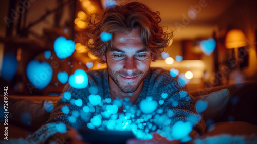 A young man using a smartphone surrounded by shining hearts shaped icons.