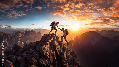 Two people climbing a mountain with backpacks on. One person helps another person. The sun is rising in the background. © O-CAP