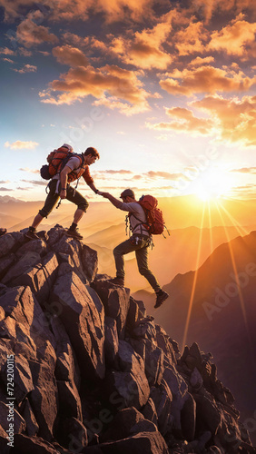 Two people climbing a mountain with backpacks on. One person helps another person. The sun is rising in the background.