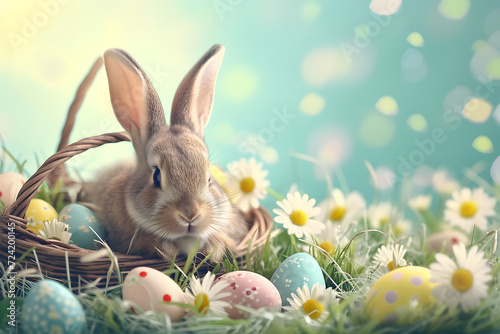 Osterzauber: Bunter Hintergrund mit Ostereiern und fröhlichem Osterhasen