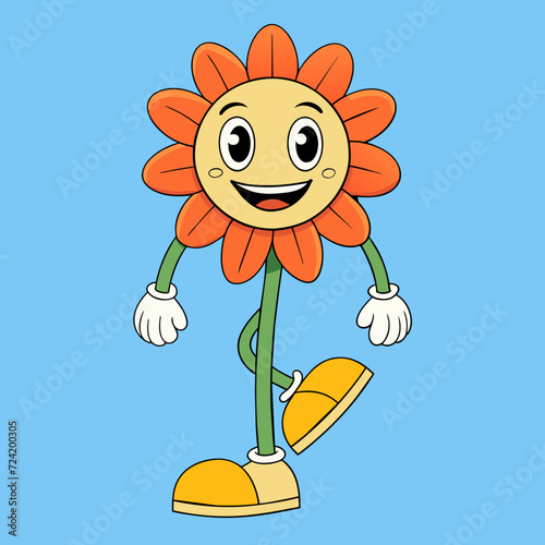 Flower goes and smiles  cartoon vector illustration in 30s style