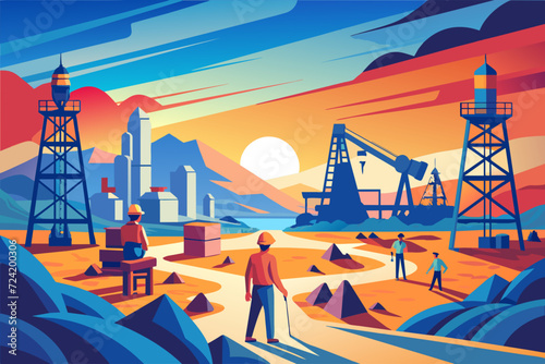 Oil extraction among the sand mountains with the help of engineers. Machine for extraction of gas and other minerals. Vector illustration.