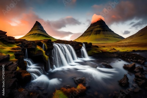 The captivating beauty of Kirkjufell volcano during a clear evening, the tranquil surroundings of the Snaefellsnes peninsula enhancing the picturesque and serene atmosphere