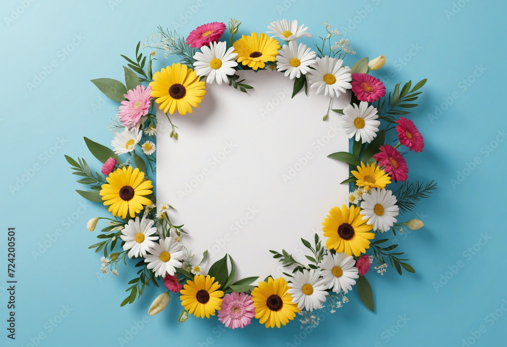 White empty paper card on a blue background with beautiful flower's bouquet above. Generative AI White empty paper card on a blue background with beautiful flower's bouquet above. Generative AI