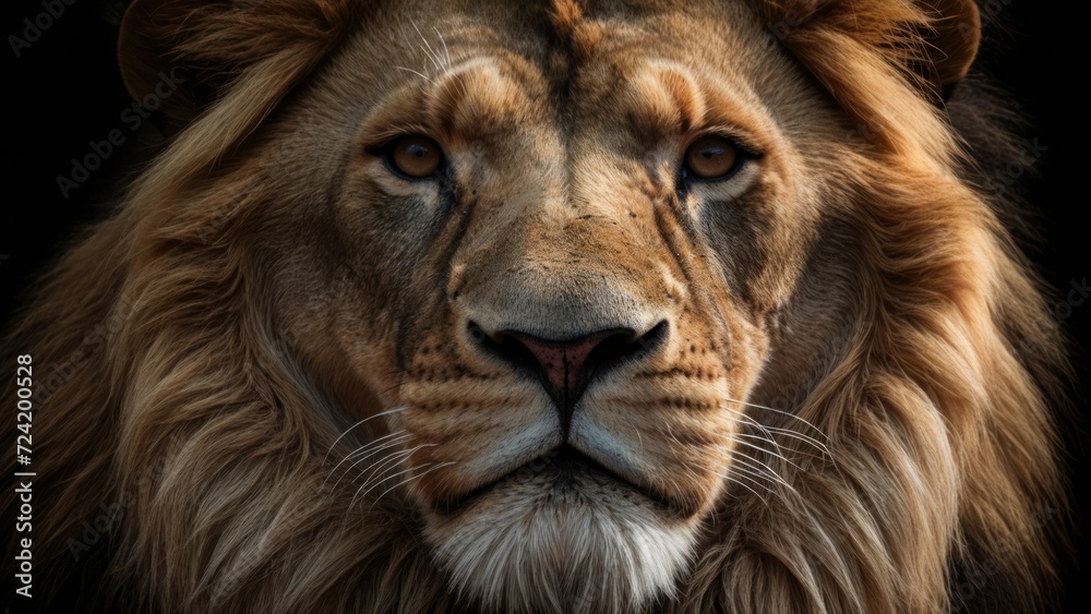 Majestic Lion king , Portrait on black background, Wildlife animal.  generative, ai.