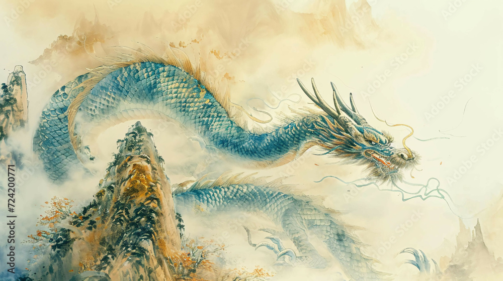 dragon on mountainin ink painting shanshui. peaceful