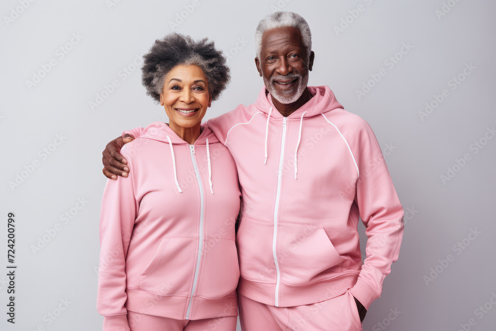 Obraz premium Portrait of Elderly afro-american smiling couple posing over grey background. Mature adults wear activewear sportswear. Sport clothes for retired people man and woman. Coy space for text and design.