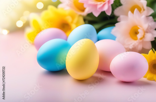 Easter eggs with spring flowers on table. Blurred background.