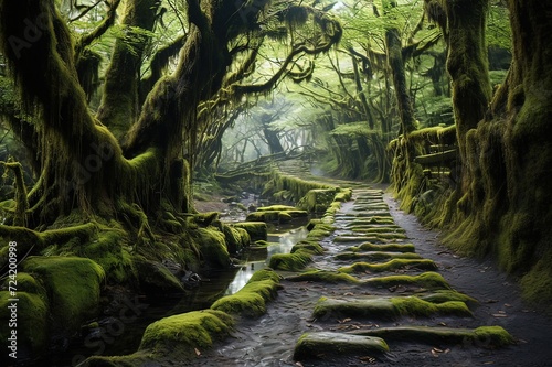 Enchanted Moss-Covered Forest Path by a Stream