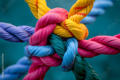 Kreative Verwicklungen: Bunte Seile kunstvoll verknotet für vielfältige Dekorationen photo