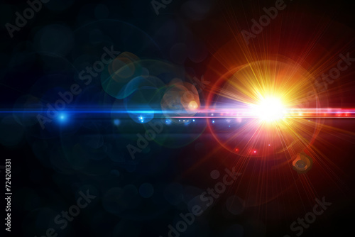 Abstract background. Sun burst, digital flare, iridescent glare, lens flare effects over black background for overlay designs photo