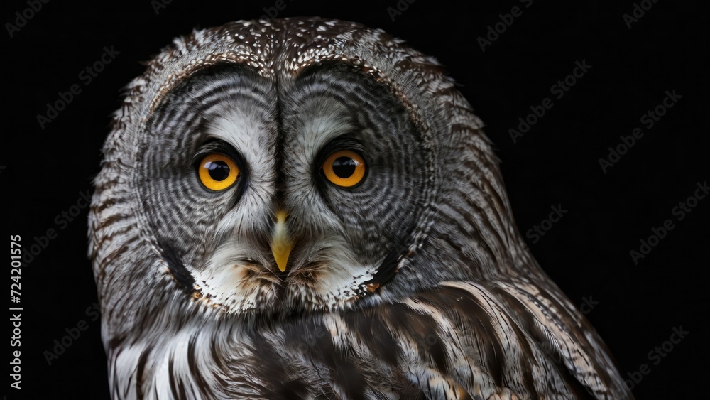 Great Grey Owl or Lapland Owl, Strix nebulosa isolated of black background.  generative, ai.
