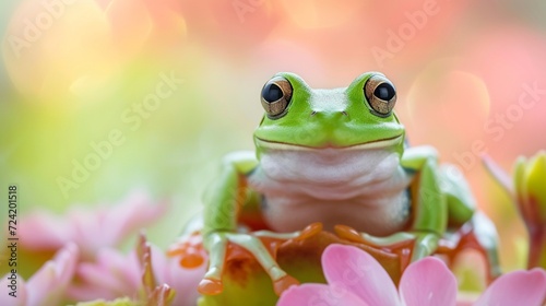 Jumping Green frog on the pastel background. 29 february leap year day concept