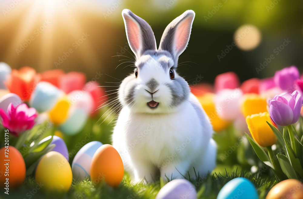 Easter bunny and Easter eggs on blurred natural background. Easter bunny and Easter eggs on blurred natural background.