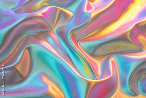 Holographic iridescent abstract shiny fabric background. Neon acid colors. Silk or satin cloth. Reflective metallic surface. Backdrop for design, banner, wallpaper, card