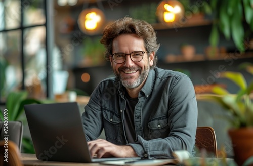 a man smiles sitting at his table using a computer