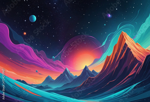 Colorful abstract background of different planet with mountains. Starfield illustration. Neon nebula. Generative AI