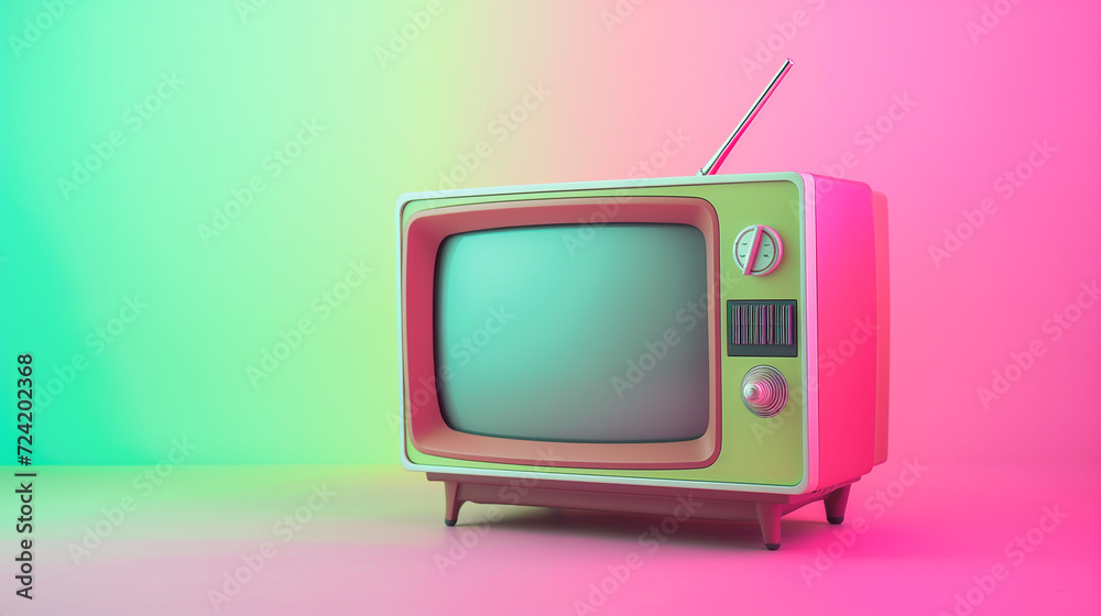 Vintage green TV isolated on gradient pink and green neon background, with copy space.