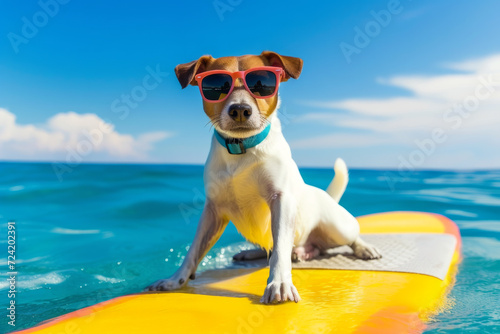 dog surfing on a yellow surfboard wearing sunglasses , at the ocean shore. Dog on board. Small dog standing on paddleboard floating on water surface. Dog the surfer. © Nataliia_Trushchenko