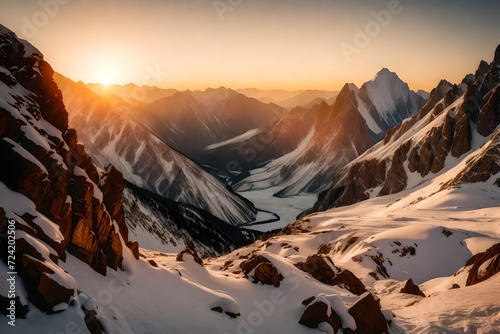A rugged, high-altitude mountain landscape, the rocky slopes blanketed in deep snow, the whole scene bathed in the golden glow of a setting sun