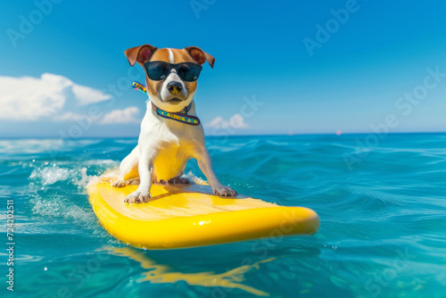 dog surfing on a yellow surfboard wearing sunglasses , at the ocean shore. Dog on board. Small dog standing on paddleboard floating on water surface. Dog the surfer. © Nataliia_Trushchenko