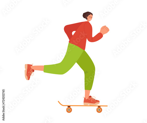 Woman skateboarder. Woman with sports uniform skates. Modern female character enjoying leisure time. Healthy Active Freedom lifestyle. Colored vector illustration. Urban City Skateboard Sport.