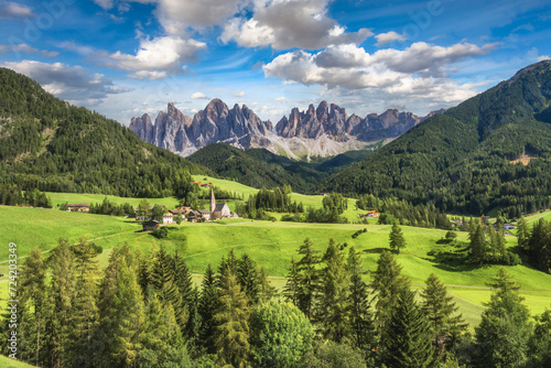Wonderful landscape from Santa Maddalena Village in Dolomites area, Funes, Italy
