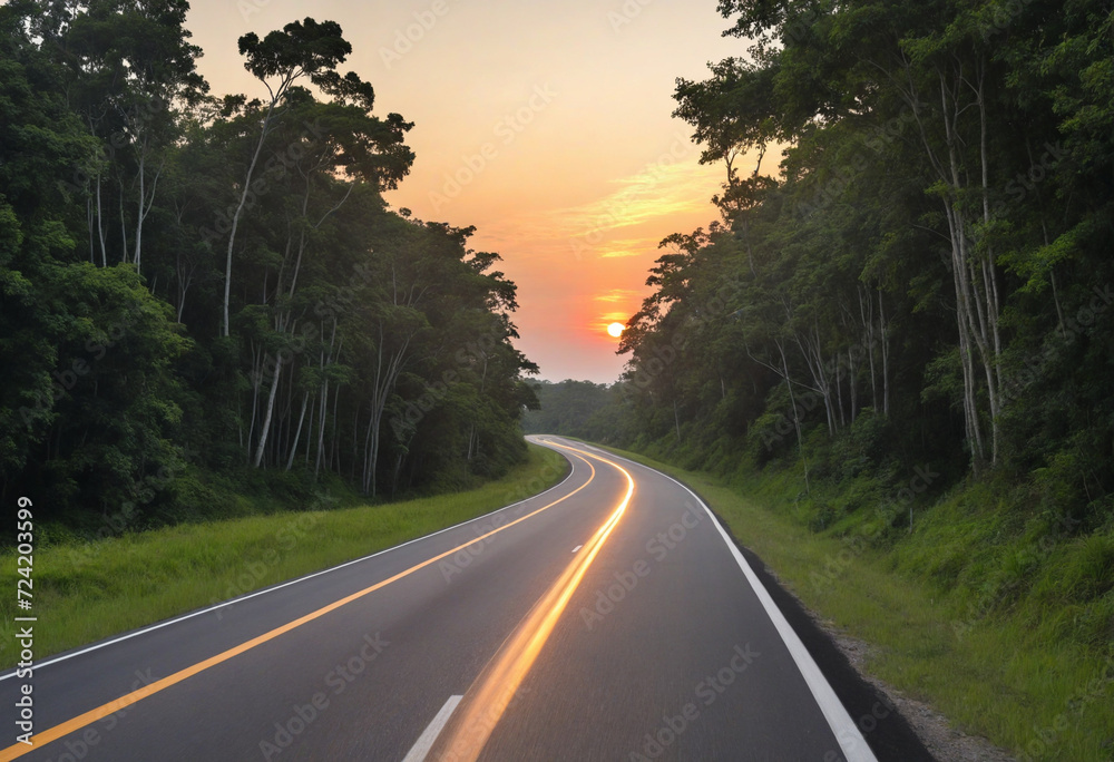 sunset road surrounded by tropical trees sunset road surrounded by tropical trees