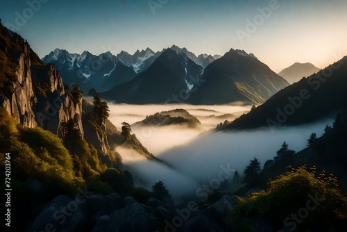 A picturesque scene of mountains draped in a veil of morning mist, the tranquil scenery showcasing nature's beauty in the first light of day.